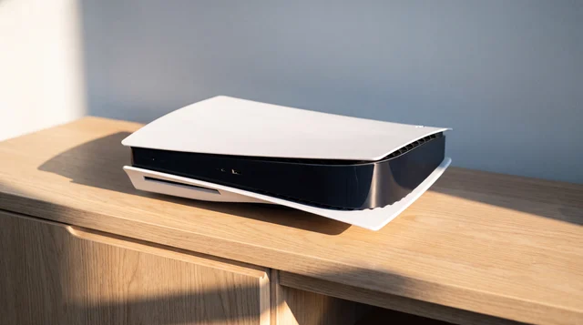 A PlayStation 5 lying flat on a pale oak media unit in warm summer sunlight, with clear space around it