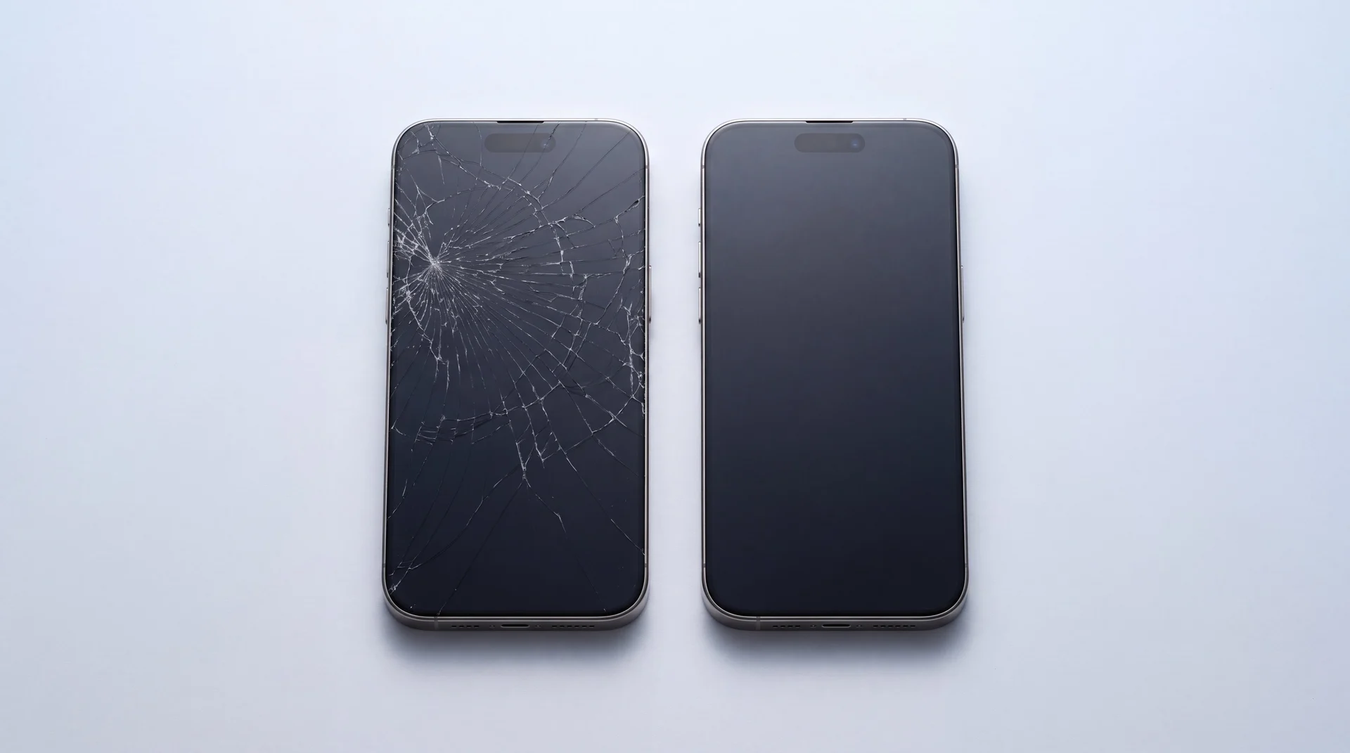 A cracked iPhone beside a pristine like-new iPhone on a clean studio surface