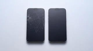 A cracked iPhone beside a pristine like-new iPhone on a clean studio surface