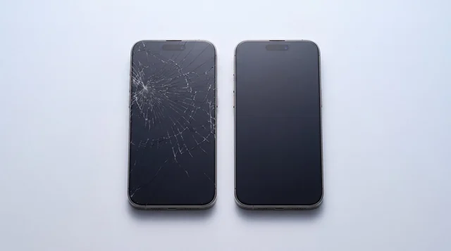 A cracked iPhone beside a pristine like-new iPhone on a clean studio surface