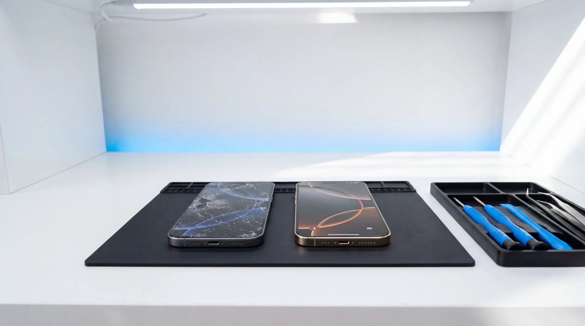 A cracked iPhone beside a pristine refurbished iPhone on a repair workbench