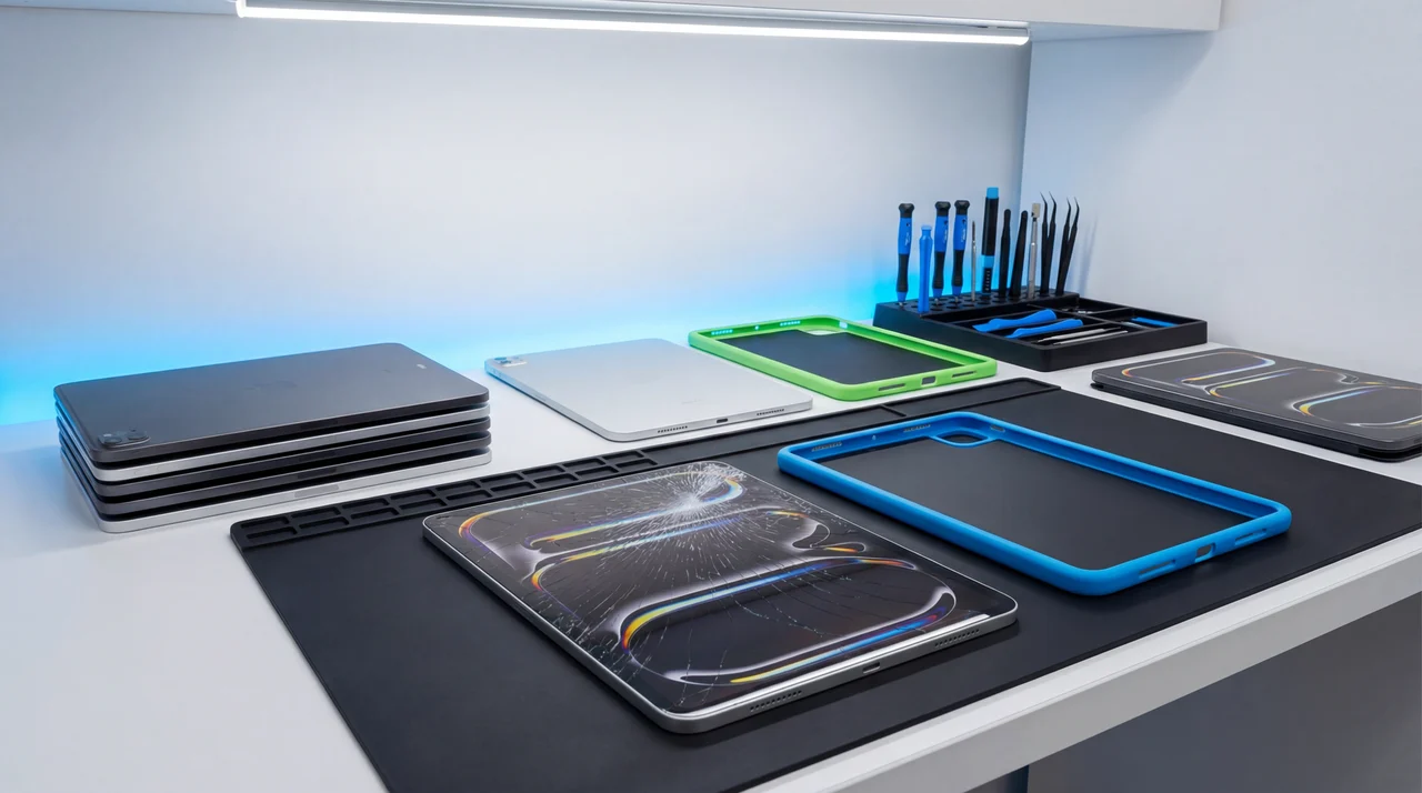 Fleet of school iPads in protective cases being prepared for professional repair