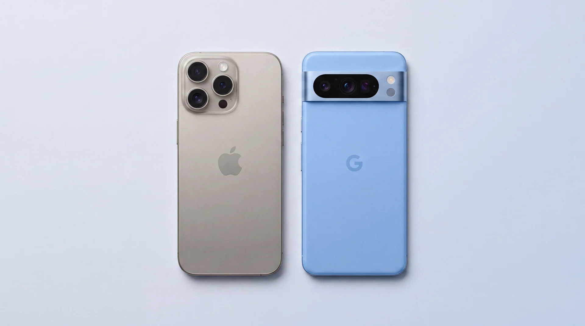 A refurbished iPhone and Google Pixel lying side by side on a clean studio surface, seen from above