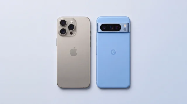 A refurbished iPhone and Google Pixel lying side by side on a clean studio surface, seen from above