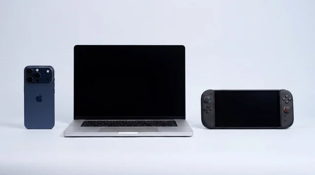 A tidy line-up of pristine refurbished tech, an iPhone, a MacBook and a Nintendo Switch, on a clean studio surface