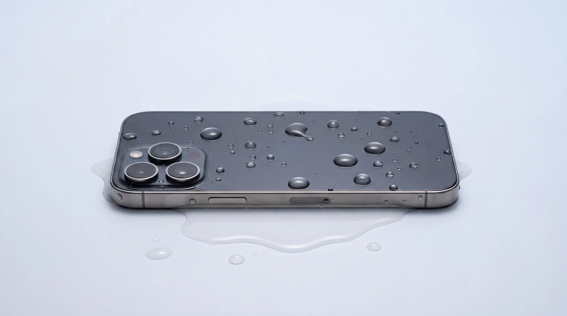 A modern iPhone covered in water droplets, lying in a small pool of water on a clean studio surface