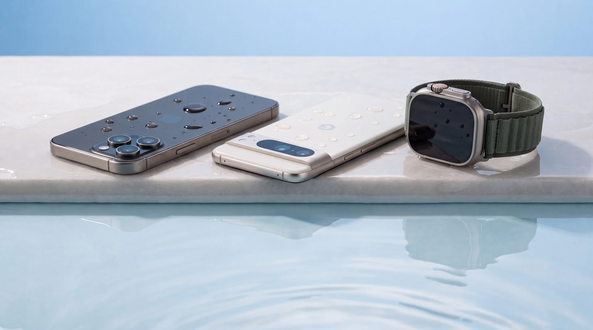 A refurbished iPhone, Google Pixel and Apple Watch lined up on the wet edge of a pool with water droplets on their glass