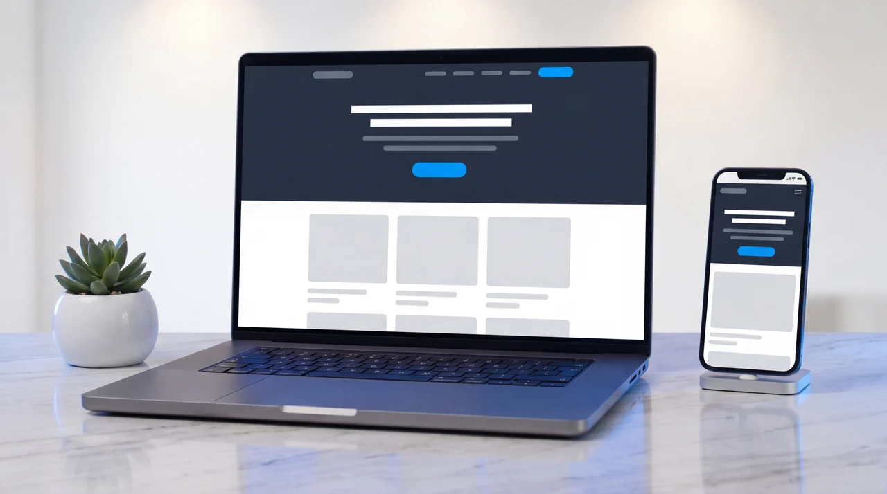 Sleek modern website displayed on a MacBook and responsive smartphone in a premium studio setting