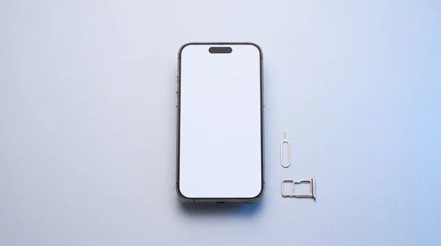 A freshly wiped iPhone with a blank screen and its ejected SIM tray, ready to sell