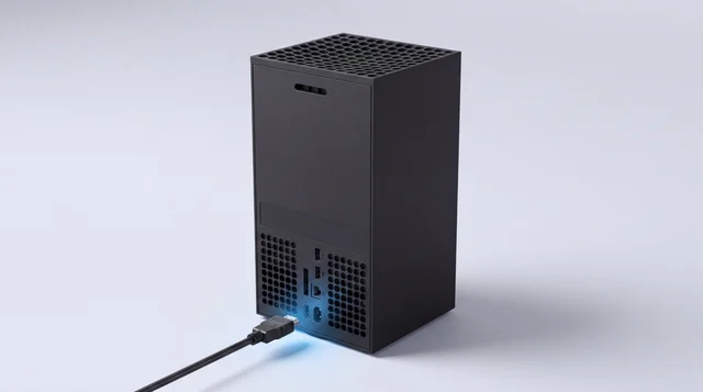 A single Xbox Series X console standing upright on a clean pale-grey studio surface with an HDMI cable connected at the base and a subtle blue glow at the connection point