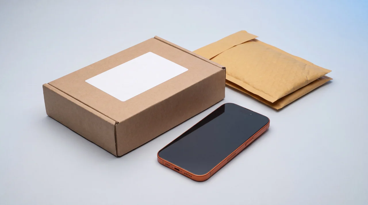 A device beside a sealed cardboard shipping box with a blank pre-paid label on it