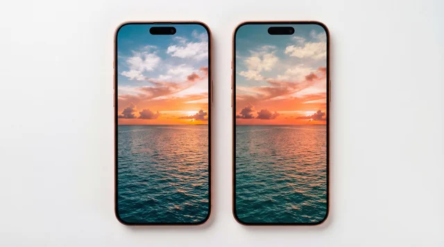 Side-by-side colour comparison of premium vs aftermarket iPhone screen showing a sunset photograph