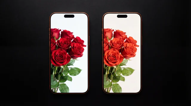 Flat lay comparison of premium vs aftermarket iPhone screen showing red roses