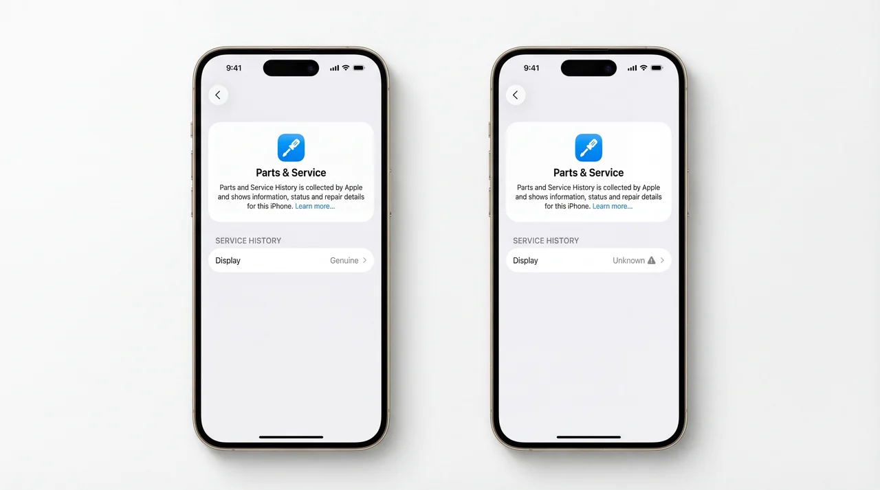 Two iPhones side by side showing Apple Parts and Service History — left displays 'Genuine' or 'Used' after premium screen repair, right displays 'Unknown' after aftermarket screen repair