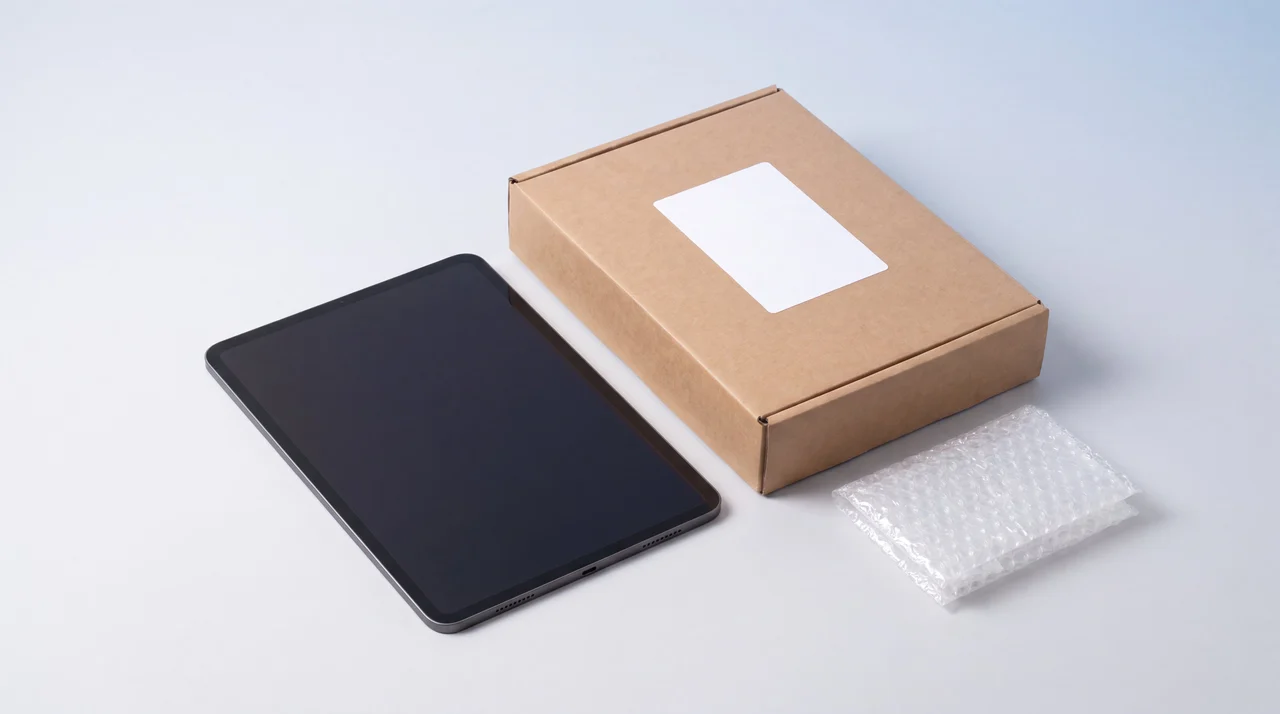 An iPad Pro beside a sealed cardboard shipping box with a blank pre-paid label on it