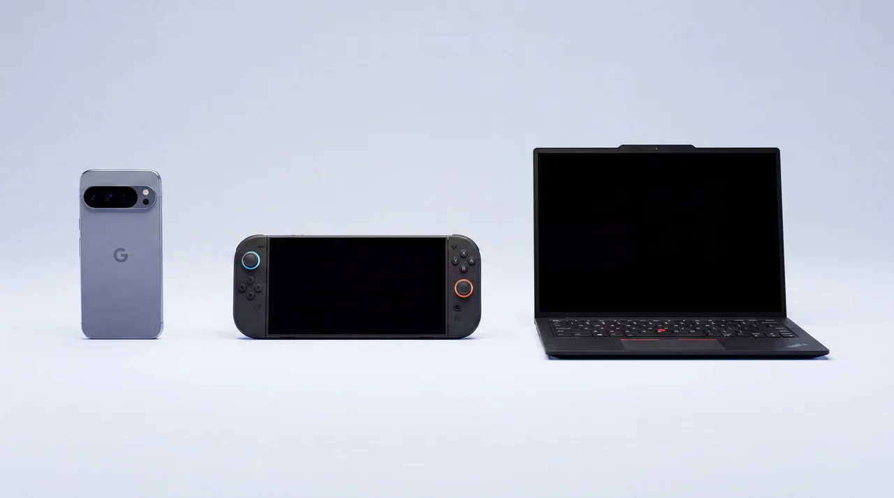 A Google Pixel, a Nintendo Switch 2 and a Lenovo ThinkPad side by side, the range of devices we buy
